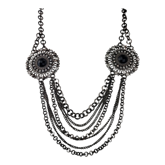 Express Statement Necklace Gunmetal/Black/Clear Rhinestones and Chains - Picture 2 of 11